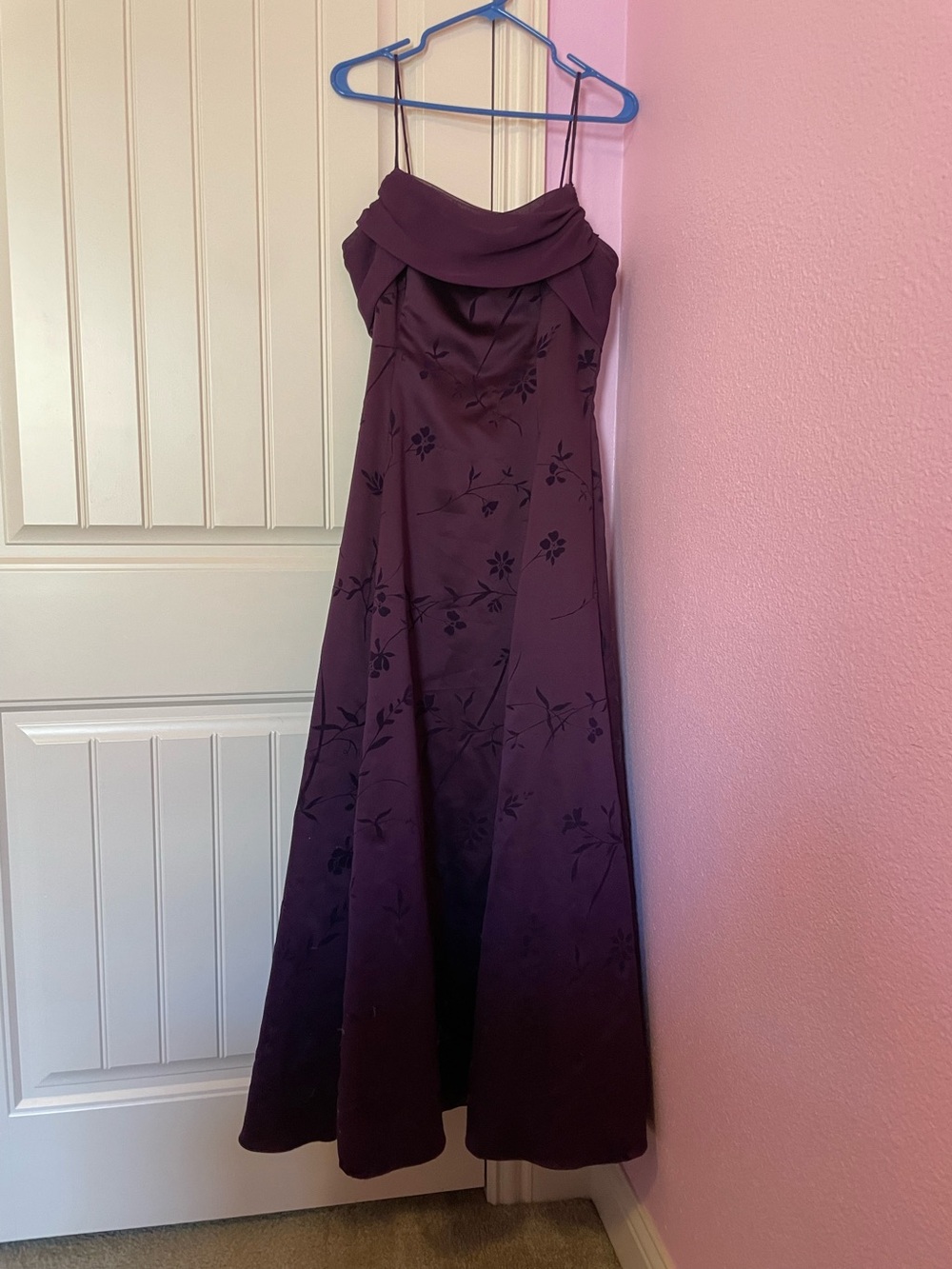 Betsy & Adam Plum Strapless Floral Embroidered Evening Gown